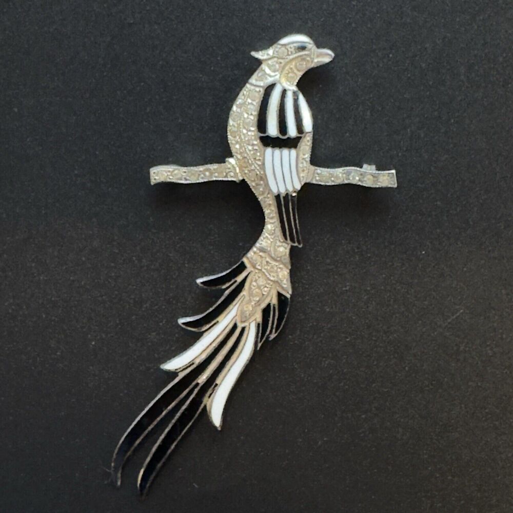 Vtg Art Deco Sterling Silver Bird of Paradise Brooch Black White Enamel Paste 3"
